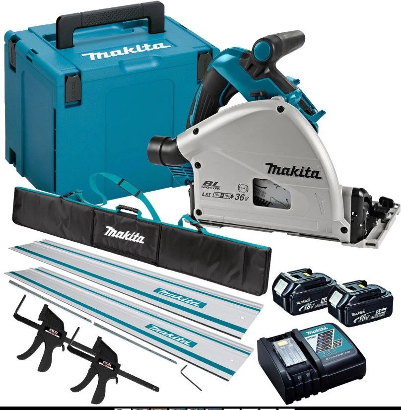 Makita DSP601ZJU 36V Brushless AWS Plunge Saw Set 2 x 5.0Ah Batteries & Accessories