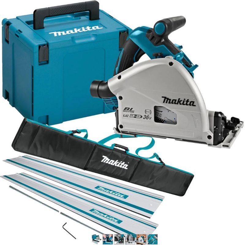 Makita DSP601ZJU 36V Brushless AWS Plunge Saw with 2 x 1.5m Guide Rail &amp; Case + Rail Bag