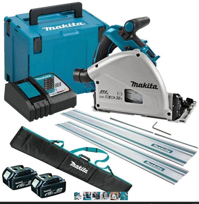Makita DSP601ZJU 36V Brushless AWS Plunge Saw with 2 x 5.0Ah Battery &amp; Charger + Accessories