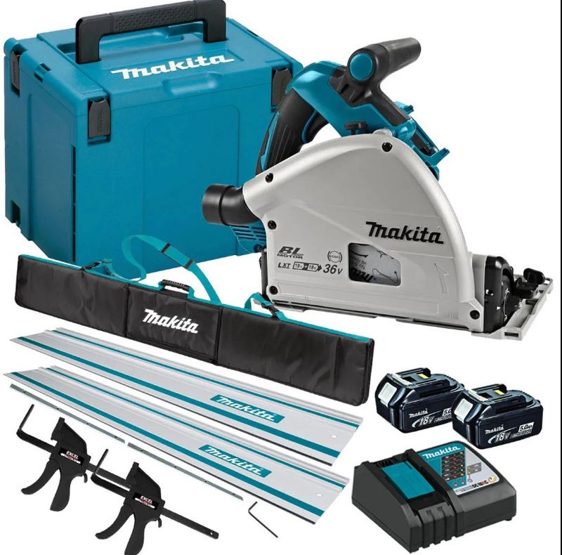 Makita DSP601ZJU 36V Brushless AWS Plunge Saw Rail kit with 2 x 5.0ah &amp; Charger