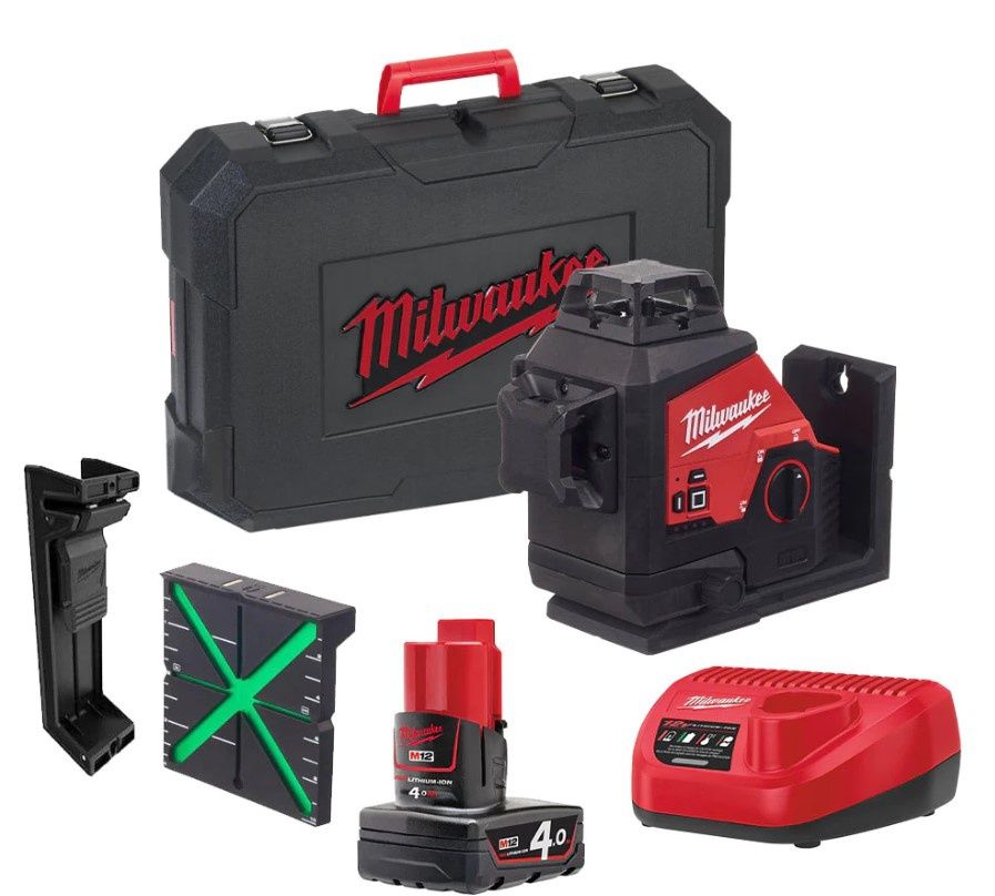 Milwaukee M123PL-401C 12V Green 360° 3 Plane Laser with 1 x 4.0Ah Battery, Charger & Case