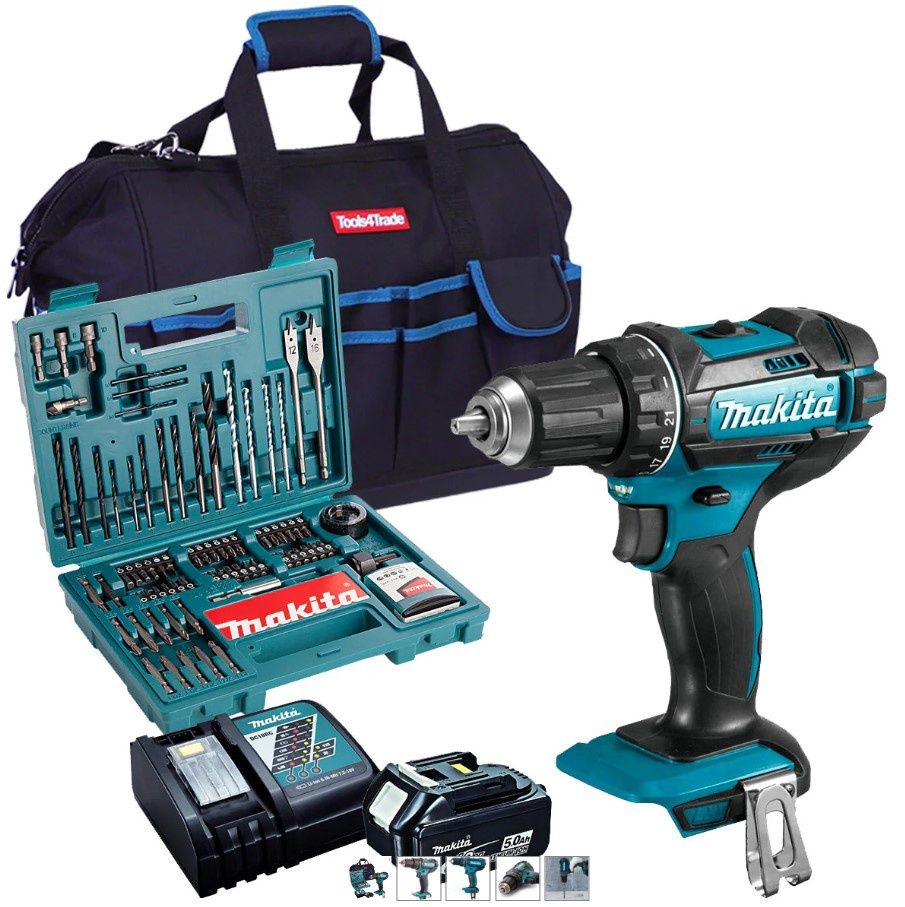 Makita DHP482Z 18V Combi Drill with 1 x 5.0Ah Battery + Charger + Accessories & Tool Bag