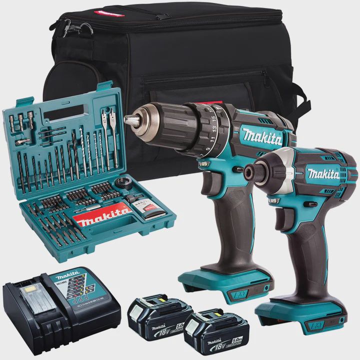 Makita 18V Impact Driver &amp; Combi drill with 2 x 5.0Ah Battery Charger &amp; Accessories Set T4TKIT-793