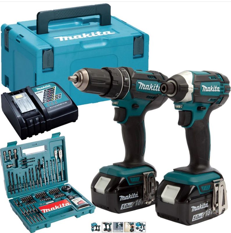 Makita DLX2131TJ 18V LXT Twin Kit 2 x 5.0Ah Batteries with 100 Piece Drill Set