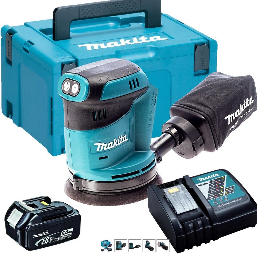 Makita DBO180Z 18V 125mm Sander with 1 x 5.0Ah Battery & Charger in Case