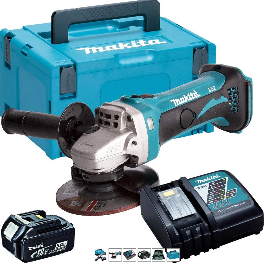 Makita DGA452Z 18V 115mm Angle Grinder with 1 x 5.0Ah Battery & Charger in Case