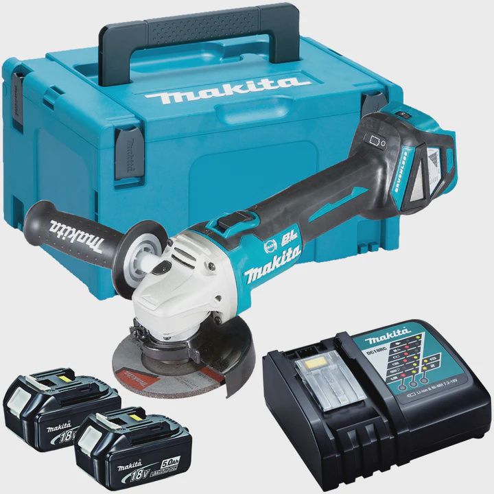 Makita DGA513Z 18V Brushless 125mm Angle Grinder with 2 x 5.0Ah Batteries & Charger in Case