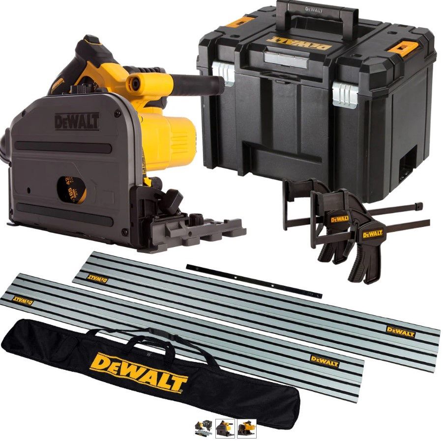 DeWalt DCS520NT 54V XR Flexvolt Brushless 165mm Plunge Saw 2 x 1.5m Guide Rail Clamps & Case + Rail Bag