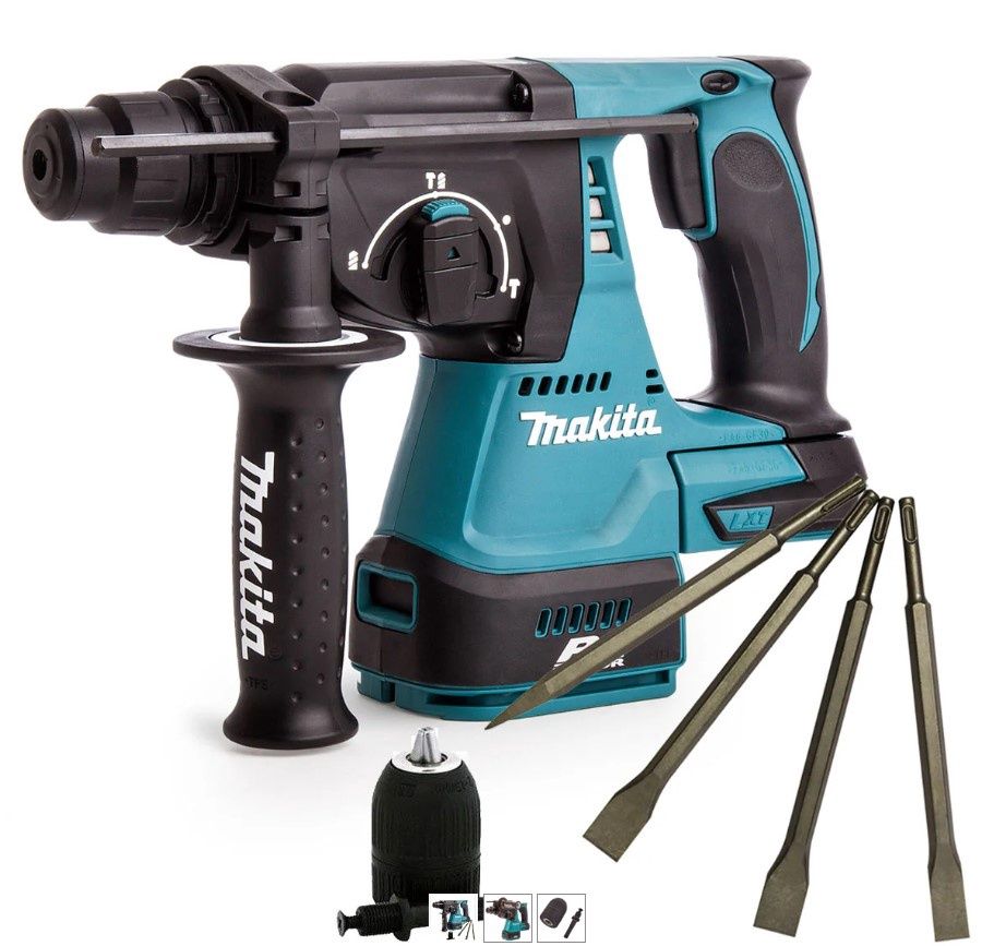 Makita DHR242Z 18V Brushless Hammer Drill & 4 Piece Chisel Set + Keyless Chuck