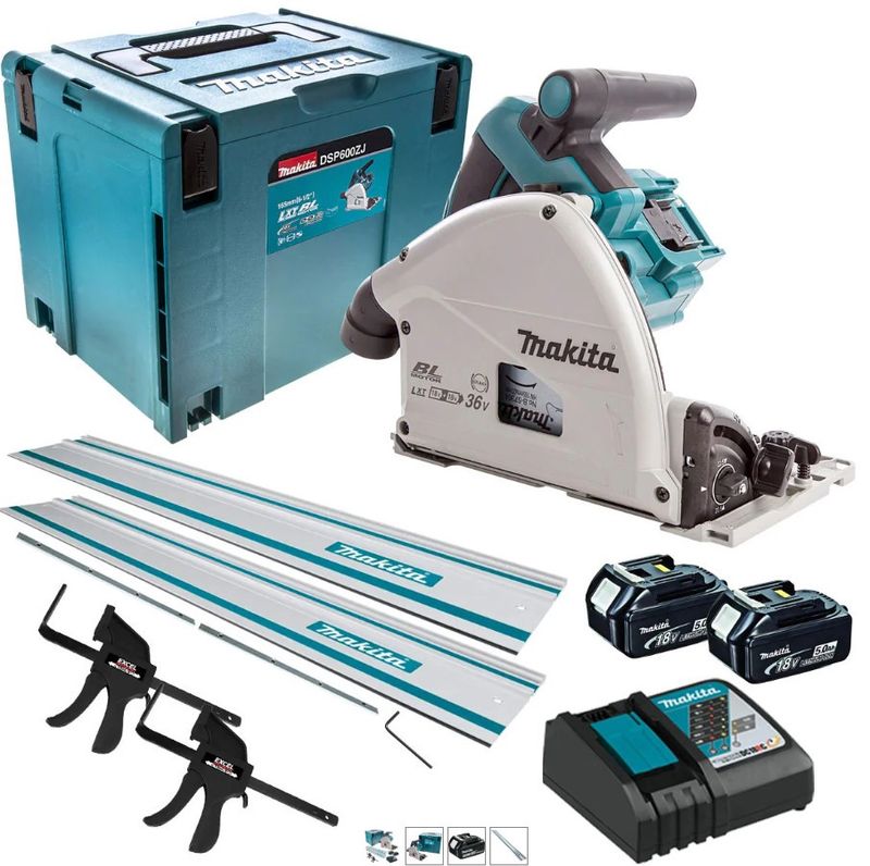 Makita DSP600TJ 36V Brushless Plunge Saw 2 x 5.0Ah Batteries &amp; Accessories Set