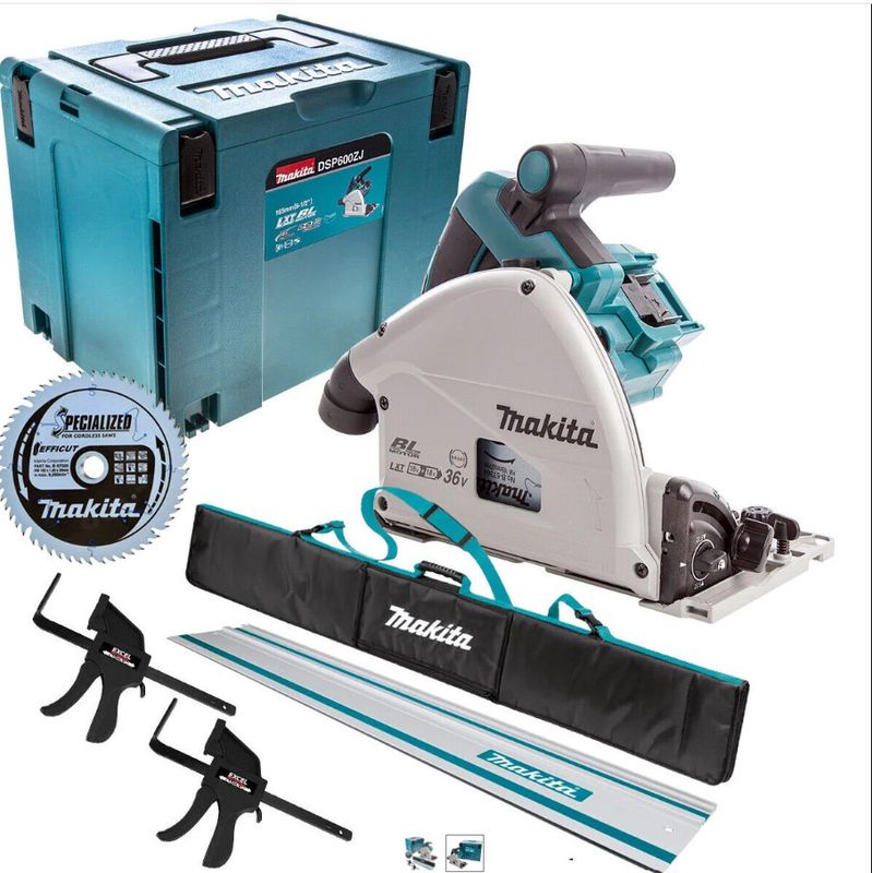 Makita DSP600ZJ 36V Brushless 165mm Plunge Saw with 1x1.5m Guide Rail+Clamp+Bag+Blade