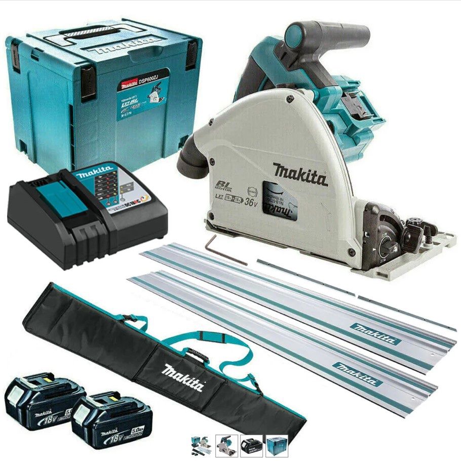 Makita DSP600ZJ 36V Brushless 165mm Plunge Saw with 2 x 5.0Ah Battery & Charger + Accessories