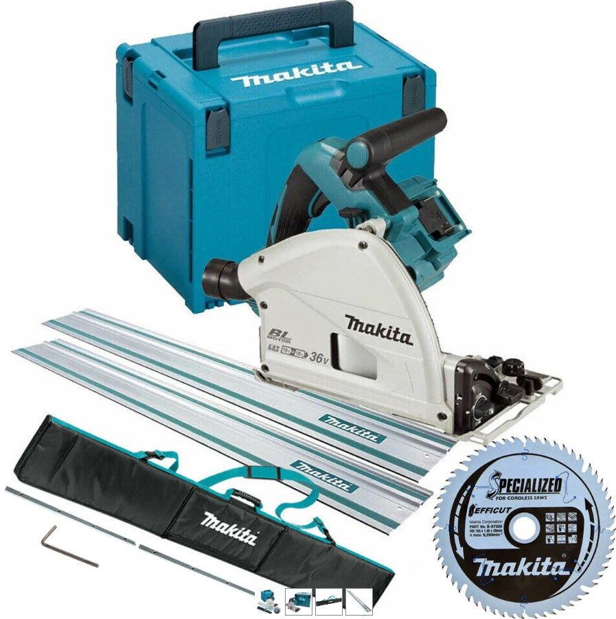 Makita DSP600ZJ 36V Brushless 165mm Plunge Saw with 2x1.5m Guide Rail Case+Bag+Blade
