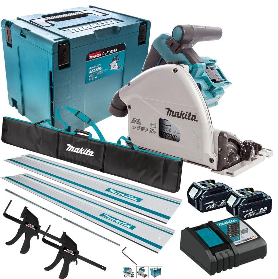 Makita DSP600T4TKIT Twin 18V 2 x 5.0ah Brushless Plunge Saw Rail kit