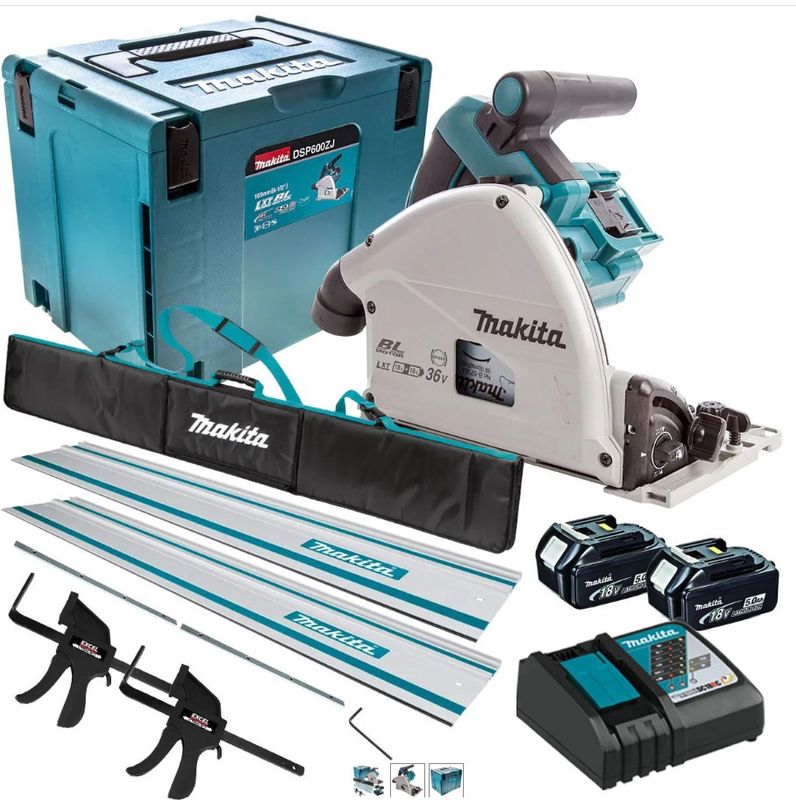 Makita DSP600T4TKIT Twin 18V 2 x 5.0ah Brushless Plunge Saw Rail kit