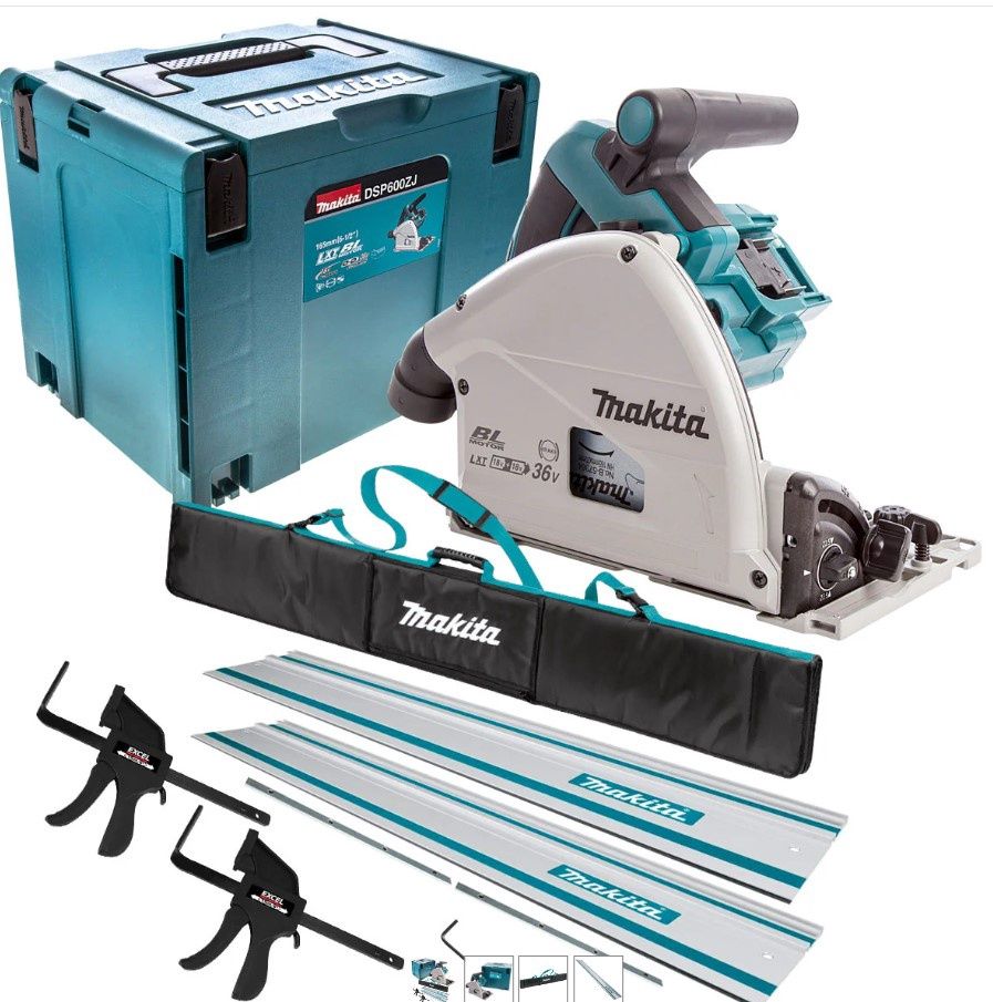 Makita DSP600ZJ 36V Brushless Plunge Saw with 2 x Guide Rail, Clamp, Bag & Case