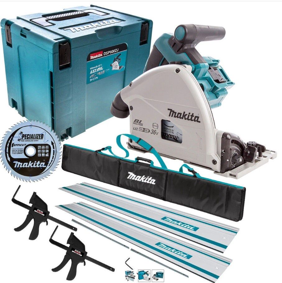Makita DSP600ZJ 36V Brushless 165mm Plunge Saw with 2x1.5m Guide Rail+Clamp+Bag+Blade