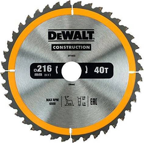 DEWALT DT1953QZ Stationary Construction Circular Saw Blade 216 x 30mm x 40T ATB/Neg