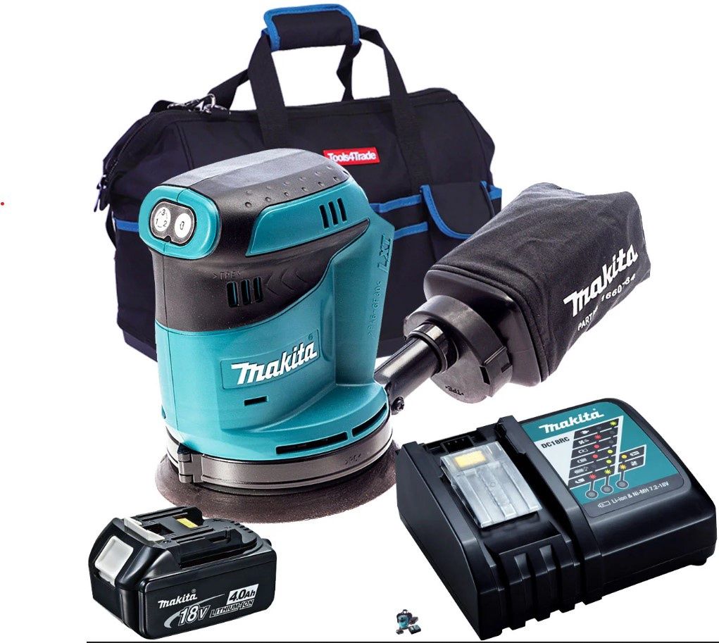 Makita DBO180Z 18V 125mm Random Orbit Sander with 1 x 4.0Ah Battery, Charger & Bag