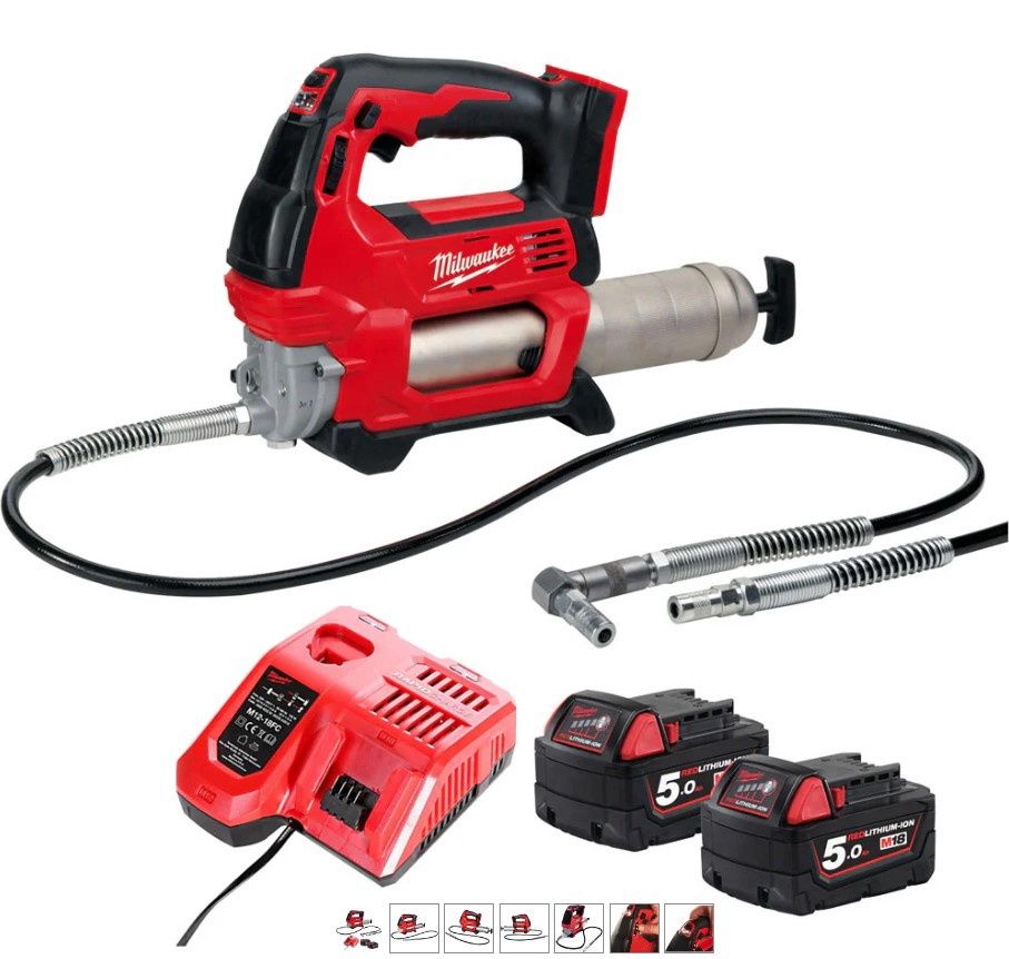Milwaukee M18GG-0 18V M18 Cordless Grease Gun with 2 x 5.0Ah Batteries & Charger