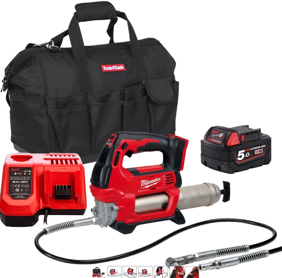 Milwaukee M18GG-0 18V M18 Grease Gun with 1 x 5.0Ah Battery Charger & Bag