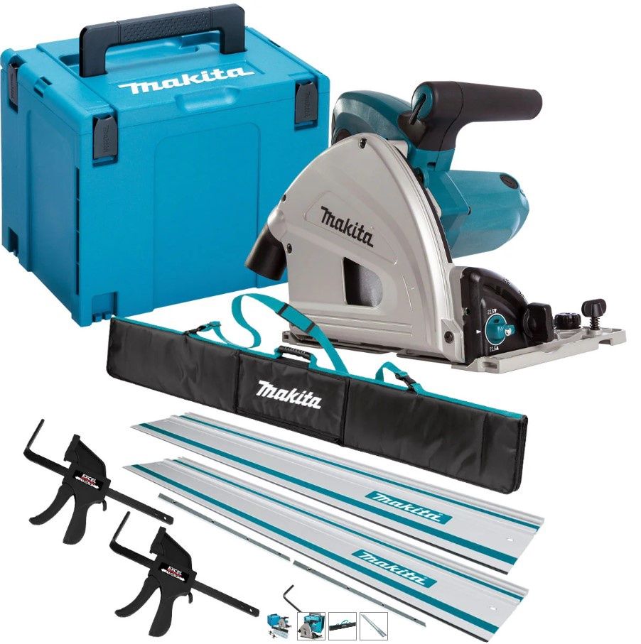 Makita SP6000J1/1 110V 165mm Plunge Saw with 2 x Rails, Connector Bar, Clamp & Bag