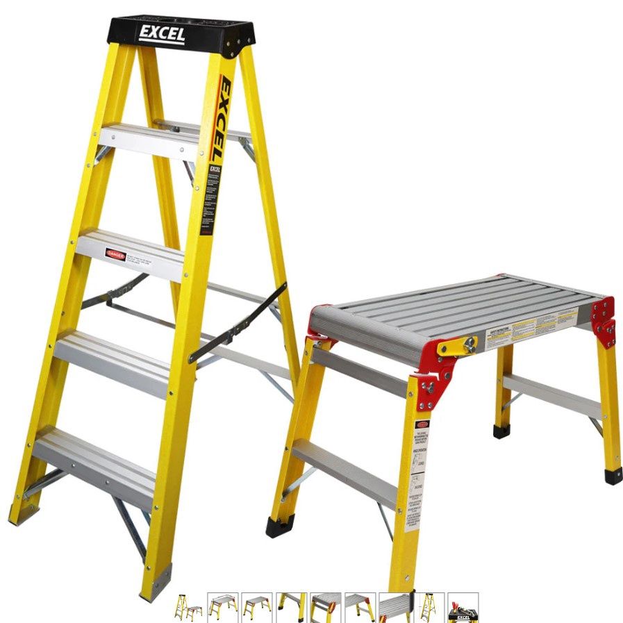 Excel Heavy Duty Fibreglass 5 Tread Ladder with Folding Hop up