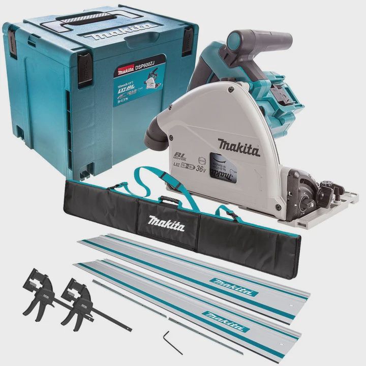 Makita DSP600ZJ 36V Brushless 165mm Plunge Saw Body Only with 2 x 1.5m Guide Rail & Case + Rail Bag + Clamps