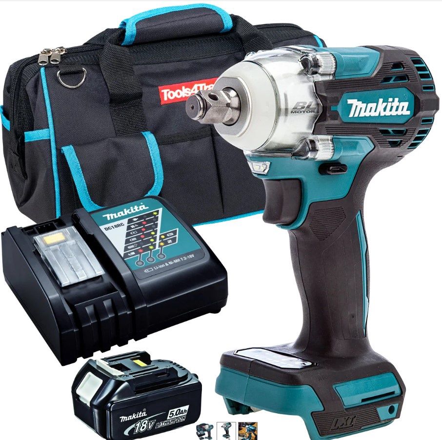 Makita DTW300Z 18V 1/2" Brushless Impact Wrench with 1 x 5.0Ah Battery Charger & Tool Bag