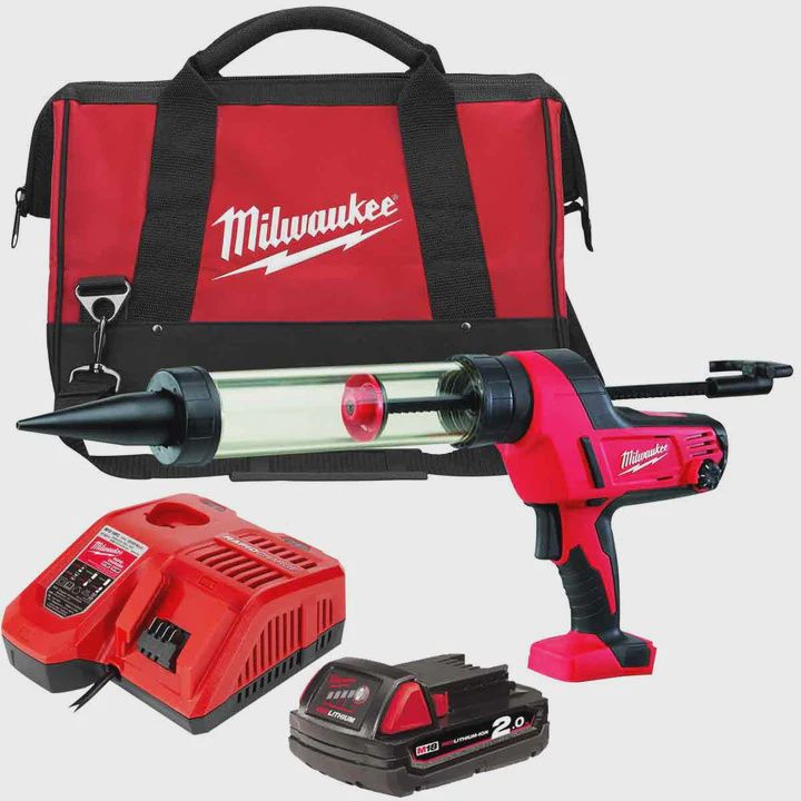 Milwaukee C18 PCG/400T-201B 18V Caulking Gun Transparent Tube 400ml with 1 x 2.0Ah Battery & Charger