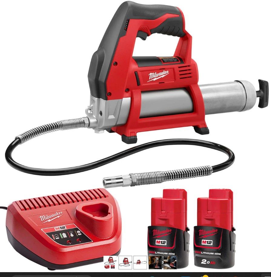 Milwaukee M12GG-0 12V Cordless Grease Gun with 2 x 2.0Ah Batteries & Charger