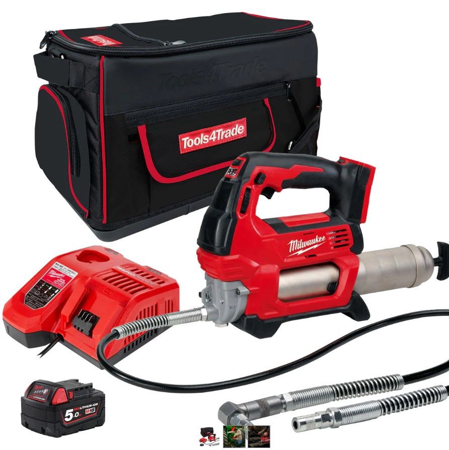 Milwaukee M18GG-0 18V Cordless Grease Gun with 1 x 5.0Ah Battery Charger & Bag