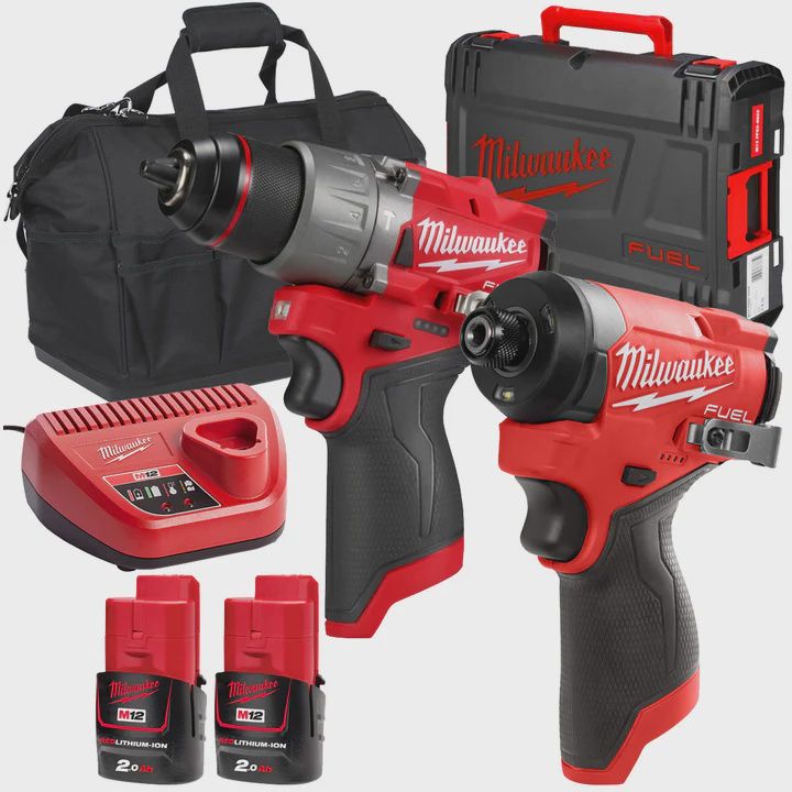 Milwaukee 12V Twin Pack Brushless Impact Driver + Combi Drill with 2 x 2.0Ah Battery &amp; Charger