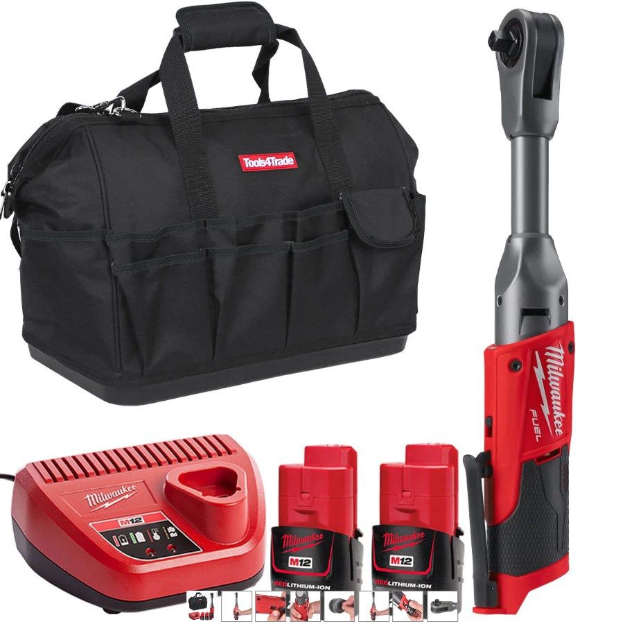 Milwaukee M12FIR38LR-0 12V FUEL Brushless Long Reach 3/8in Ratchet with 2 x 2.0Ah Batteries & Charger in Bag