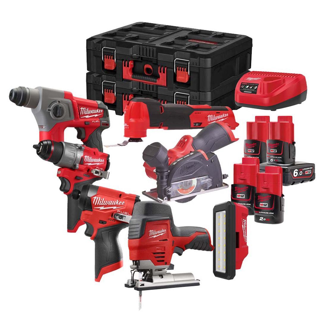 Milwaukee M12FPP7B-624P 12V Fuel 7 Piece Tool Kit with 4 x Battery Charger & Cases 4933492382