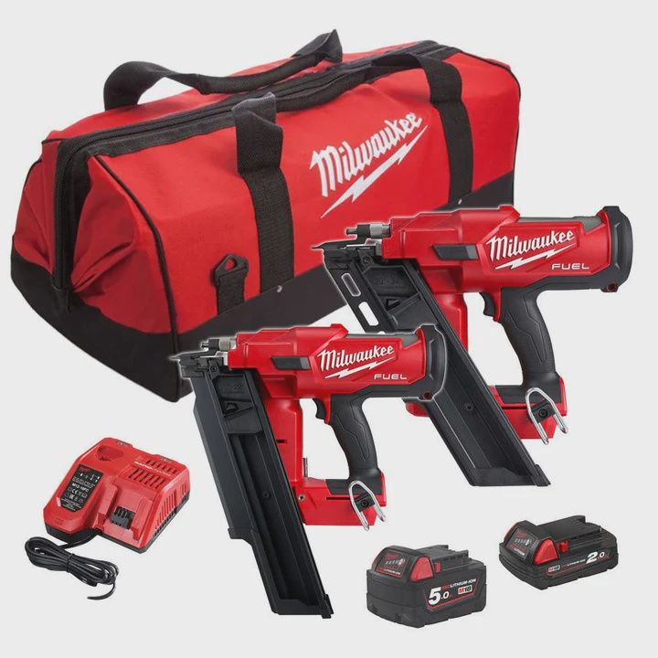 Milwaukee M18 FPP2BE-522B 18V FUEL Twin Nail Gun Nailer with 1 x 5.0Ah, 1 x 2.0Ah Battery Charger & Bag 4933492429