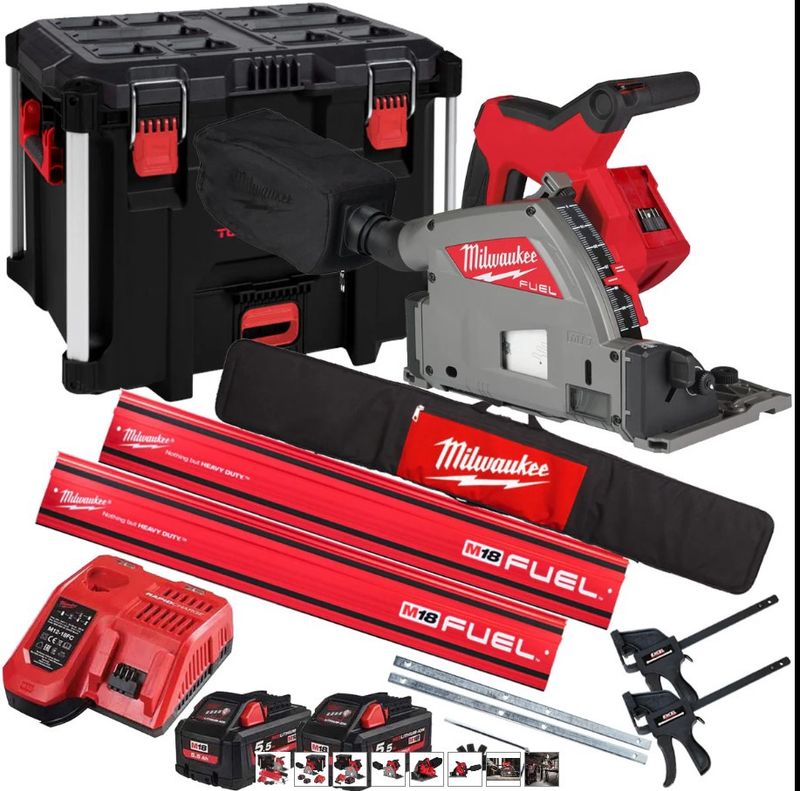 Milwaukee M18FPS55-552P 18V 165mm Fuel Brushless Plunge Saw with 2 x 5.5Ah Battery &amp; Guide Rail Kit