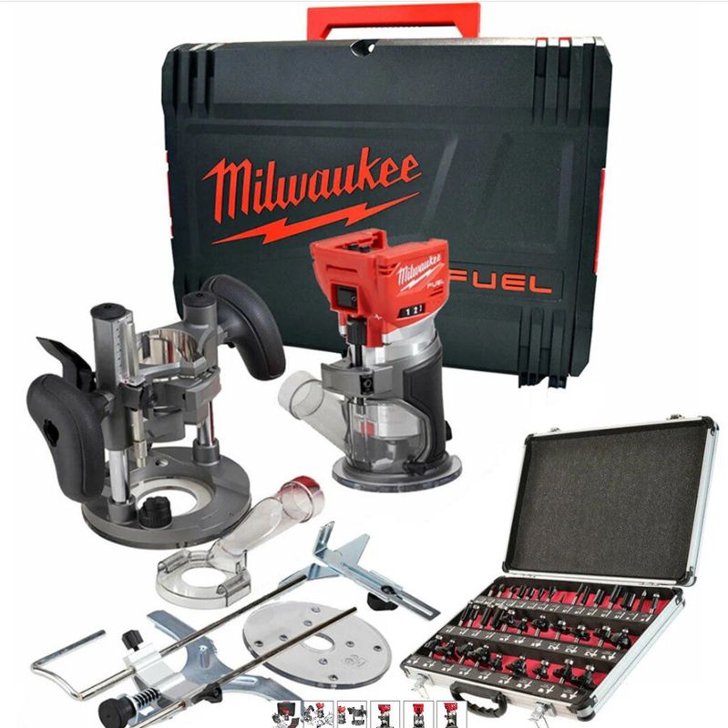 Milwaukee M18FTR-0 18V Brushless Trim Router in Case + 1/4" 35 Piece Cutter Set