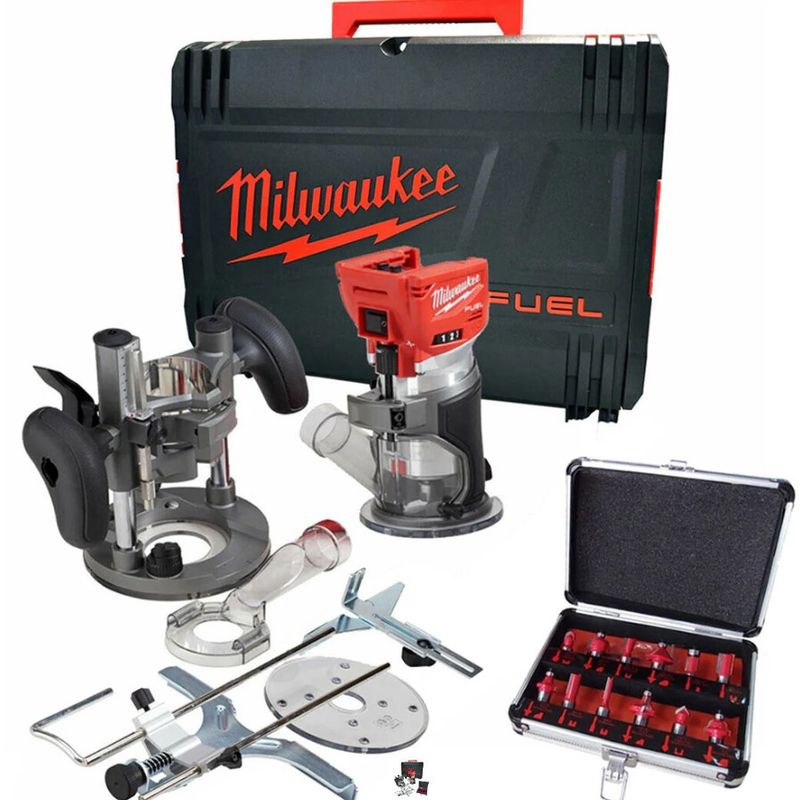 Milwaukee M18FTR-0 18V Brushless Trim Router in Case + 1/4" 12 Piece Cutter Set
