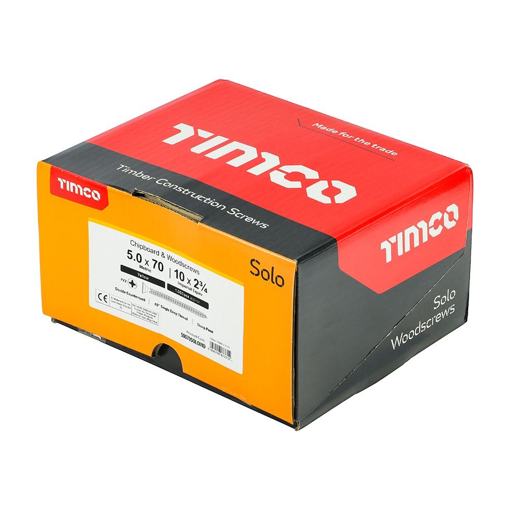 Timco 5.0 x 70mm Solo Chipboard & Woodscrews Industry Pack PZ Double Countersunk Yellow 50070SOLOIND