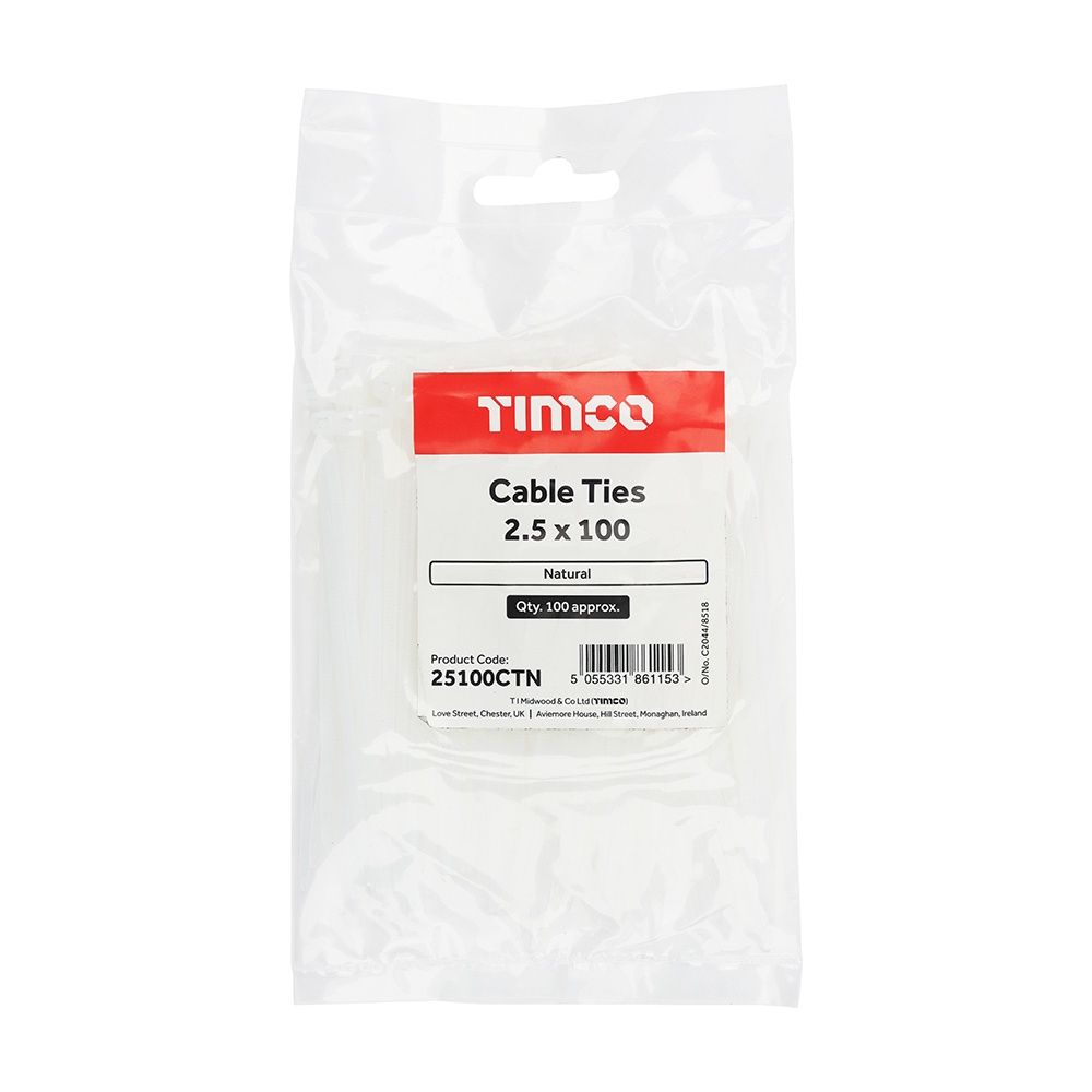 Timco 2.5 x 100mm Natural Coloured Nylon Cable Tie (100/Bag) 25100CTN