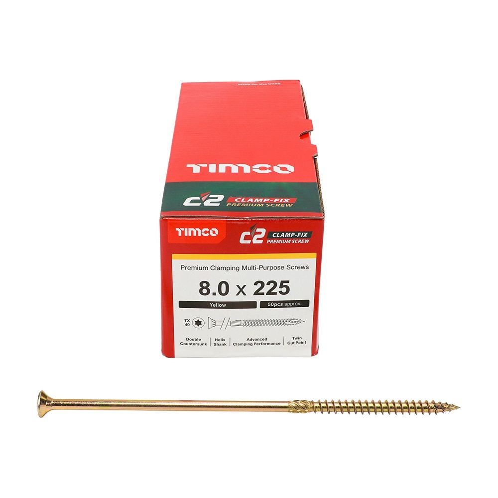 Timco 8.0 x 225mm C2 Clamp-Fix TX Double Countersunk with Ribs Twin-Cut Yellow 80225C2C