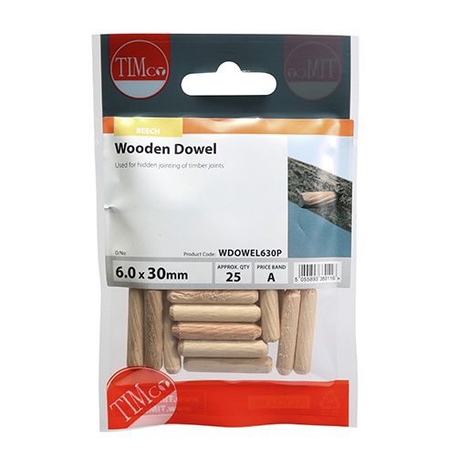 Timco 6.0 X 30mm Wooden Dowels 30mm Pack of 25 WDOWEL630P