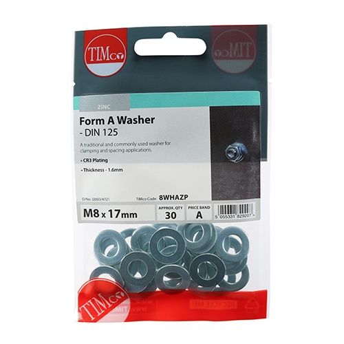 Timco Form A Washer (DIN 125) Zinc Plated M8 (30/Timpac) 8WHAZP