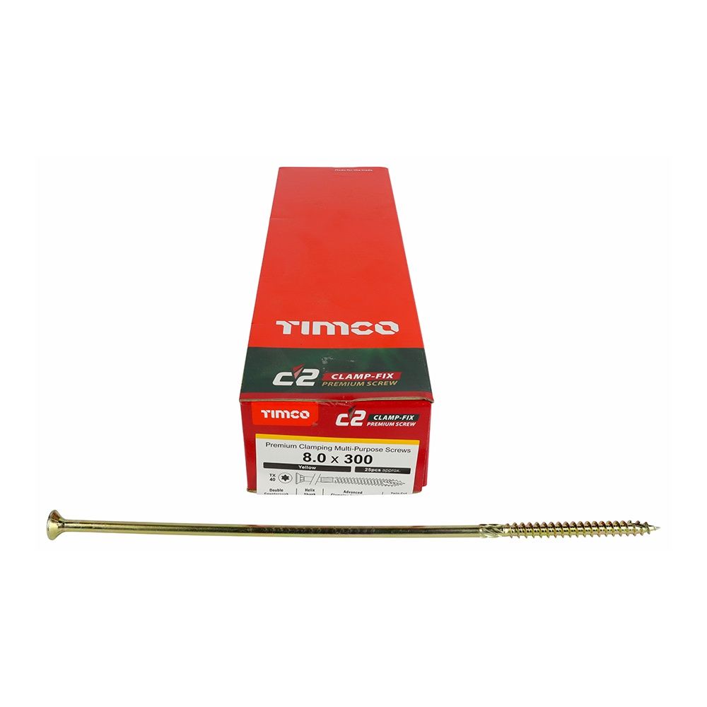 Timco 8.0 x 300mm C2 Clamp-Fix TX Double Countersunk with Ribs Twin-Cut Yellow 80300C2C