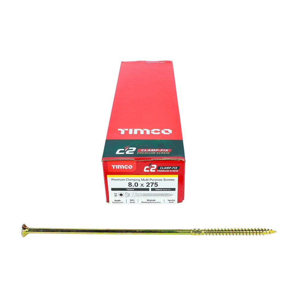 Timco 8.0 x 275mm C2 Clamp-Fix TX Double Countersunk with Ribs Twin-Cut Yellow 80275C2C