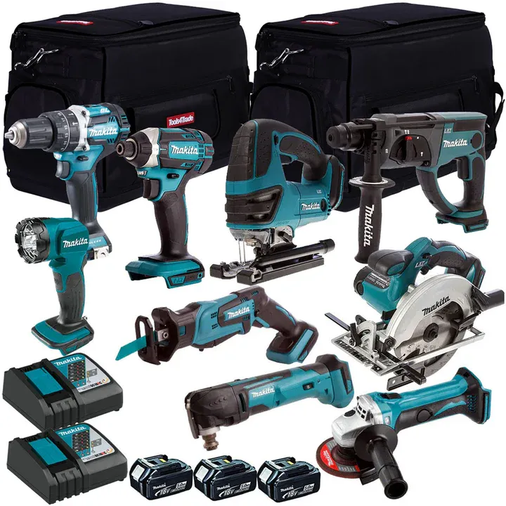 Makita 18V 9 Piece Power Tool Kit with 3 x 5.0Ah Batteries with Charger & 2 x Bag T4TKIT-12997