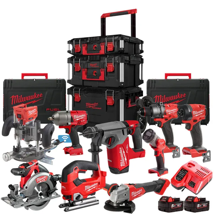 Milwaukee 18V Fuel Brushless 9 Piece Power Tool Kit With 2 x 5.0Ah Battery Charger & Trolley Toolbox