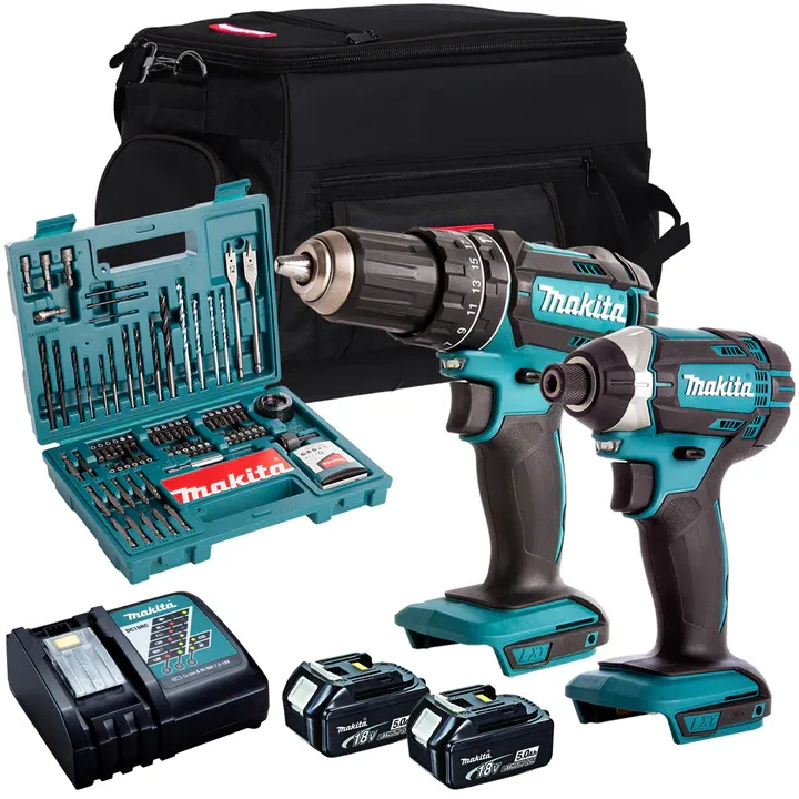 Makita 18V Impact Driver &amp; Combi drill with 2 x 5.0Ah Battery Charger &amp; Accessories Set T4TKIT-793