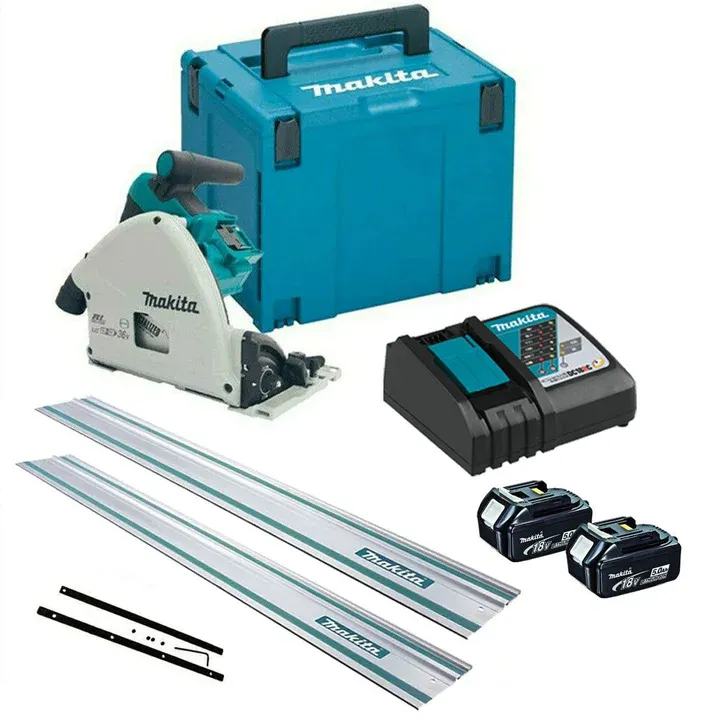 Makita DSP600TJ 36V Brushless Plunge Saw with 2 x 5.0Ah Batteries Charger + 2 x Guide Rail & Connector + Clamps + rail bag